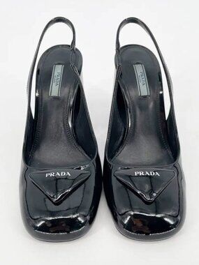 Prada Black Patent Leather Logo Slingback Heels